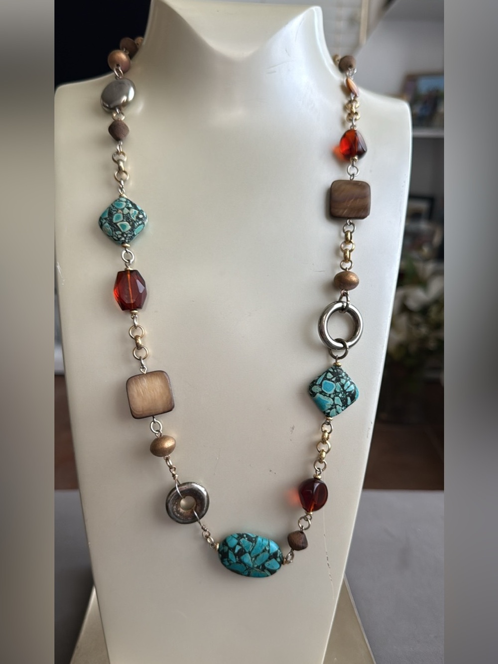 Boho Turquoise Mosaic Amber Bead Long Women's Necklace Fall Jewelry Unique